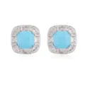 Close-up detail of luxury square stud earrings with blue stone and micro-pave crystals - Turquoise Zircon / White Gold