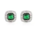 Macro view of elegant square stud earrings with green emerald and clear crystals - Green Zirconia / White Gold