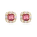 Close-up of elegant gold plated square stud earrings with pink center stone and crystals - Rose Red Zirconia / Gold