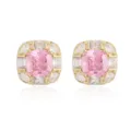 Detailed view of 18K gold plated square stud earrings with pink gemstone. - Pink Zirconia / Gold