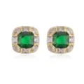 Macro view of 18K gold plated square stud earrings with emerald green gemstones - Green Zirconia / Gold