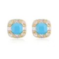 Detailed macro view of square 18K gold plated stud earrings with blue center stone - Turquoise Zircon / Gold