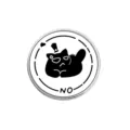 Detail view of a round white metal pin badge with a black grumpy cat and NO slogan - Cartoon Cat NO Pattern (YP3816)