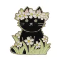 Artistic black cat enamel pin featuring a white flower crown and daisy garden motif - Black Cat Daisy Wreath Style(UVXZ381)