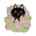 Cute black cat enamel pin nestled in light pink flowers and pastel green leaves - Black Cat Floral Cluster Style(UVXZ382)