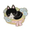 Kawaii black and white cat sleeping in flower basket enamel pin brooch for accessories - Black and White Cat Basket Style(UVXZ383)
