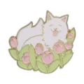 Cute white cat enamel pin with pink tulips floral spring fashion brooch for clothes - White Cat Tulip Style(UVXZ384)