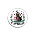 Spilla tonda in metallo con gatto carino, testo STAY WEIRD e motivo con funghi artistici - Design Gatto a Tre Occhi(YP3269)