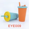 Portable silicone baby straw cup in orange and light blue, heat resistant and drop-proof - Orange And Blue Patchwork Style (EYE009)