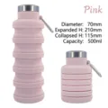 Portable pink collapsible silicone water bottle for outdoor sports and hiking, 500ml - 500ml / Pink
