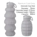 Portable 500ml collapsible silicone sport water bottle with grenade design in cold grey finish - 500ml / Light Gray