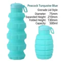 Peacock blue collapsible silicone sports water bottle with grenade-style lid, 500ml - 500ml / Lake Blue