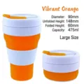 Tazza da caffè pieghevole in silicone da 16 once arancione con dimensioni aperta e chiusa - 475ml (Grande) / Arancione Vivace