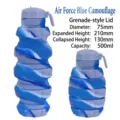 Collapsible silicone grenade-style water bottle with blue camouflage pattern, 500ml - 500ml / Air Force Blue Camouflage