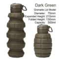 Dark green grenade-shaped collapsible silicone water bottle for sports 500ml capacity - 500ml / Brownish Green