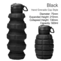Collapsible black silicone sports water bottle with creative 500ml grenade design - 500ml / Black