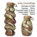 500ml camouflage grenade collapsible silicone water bottle shown expanded and folded - 500ml / Army Camouflage