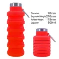 Portable red collapsible silicone water bottle with carabiner for outdoor sports - 500ml / Red