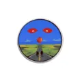 Surreal circular enamel pin featuring red eyes and road landscape - Round Highway Hot Air Balloon Style (YP0592)