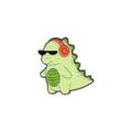 Adorable green cartoon dinosaur enamel pin wearing black sunglasses and red headphones - Green Dinosaur with Headphones and Sunglasses (XZ4236)
