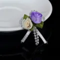 Detail of handmade ribbon tulip flower bow accessory with silver beads and leaves - 5x4cm / Purple
