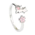 Bague ouverte fleur de cerisier rose et chat de style japonais finition argent épurée - Style Chat Fleur de Cerisier (R1332) / Ouvert Réglable / Rose