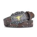Western cowboy vintage embossed leather belt with bull head buckle and sparkling rhinestones. - Coffee / 110cm
