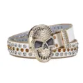 Ceinture en cuir tête de mort strass punk hip hop luxe ceinture cristaux cloutés unisexe - Blanc / 115cm
