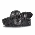 Ceinture tête de mort strass style hip-hop punk en cuir noir luxueux cristaux scintillants - Noir / 115cm