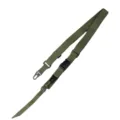 Military green tactical three-point sling strap with durable plastic buckles and metal hooks. - Green
