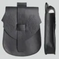 Handcrafted Viking style black leather belt pouch with embossed runes and intricate patterns - Black