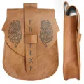 Detailed side and front view of a brown Viking style leather waist bag with runes. - Khaki