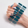 Detalle de pegatinas para uñas verde azulado y de cuadros en las uñas, 16 piezas. - Tablero de Ajedrez Verde y Rosa (RM026)
