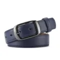 Dark blue leather belt detail featuring a sleek gunmetal oval buckle and fine stitching. - 105cm / Navy Blue
