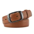 Brown leather belt with gun black oval pin buckle and neat stitching for casual wear. - 105cm / Khaki
