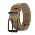 Detailed macro shot of a khaki nylon canvas belt with a sleek matte black metal buckle - 120cm / Khaki