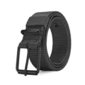 Detailed view of a dark grey canvas belt with a matte black pin buckle and metal eyelet. - 120cm / Gray
