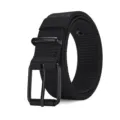 Close-up detail of a durable black nylon canvas belt with a matte black pin buckle and eyelets - 120cm / Black