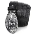 Detailed closeup of mens vintage leather belt featuring ornate bull head metal buckle. - 110cm / Black
