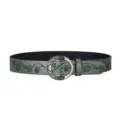 Detail showing vintage floral embossing on green leather belt with carved buckle - 110cm / Green