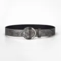 Vintage gray wide belt for women with elegant engraved floral pattern and oval buckle - 110cm / Black