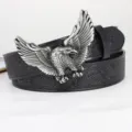 Detailed shot of retro western eagle belt buckle with embossed floral leather strap. - 110cm / Black Belt with Silver Buckle