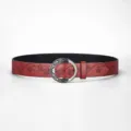 Vintage red wide leather belt for women with embossed floral patterns and ornate buckle - 110cm / Red