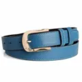 Close-up of blue women leather belt with gold metal buckle and sparkly rhinestone hearts. - 110cm / Teal