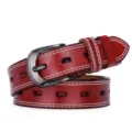 Retro dark red leather belt featuring a stylish needle buckle and double stitching - Red