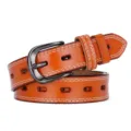 Vintage orange-brown hollow leather belt with double stitching and metal pin buckle - Khaki