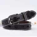 Vintage black leather pin buckle belt featuring white double stitching and hollowed-out holes - Black