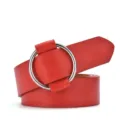 Elegant red faux leather waist belt featuring a stylish circular silver metal buckle - 105cm / Red