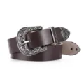 Western style brown leather belt with ornate carved silver buckle and tip set - 105cm / Coffee