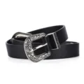 Vintage black leather belt for women with ornate silver engraved Western buckle - 105cm / Black